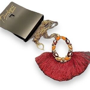 Thalia Sodi long fringe beaded necklace dark red‎ boho